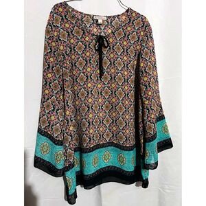 cb Multicolor Geometric Sheer Chiffon Tunic Blouse Round Neck 3/4 XL